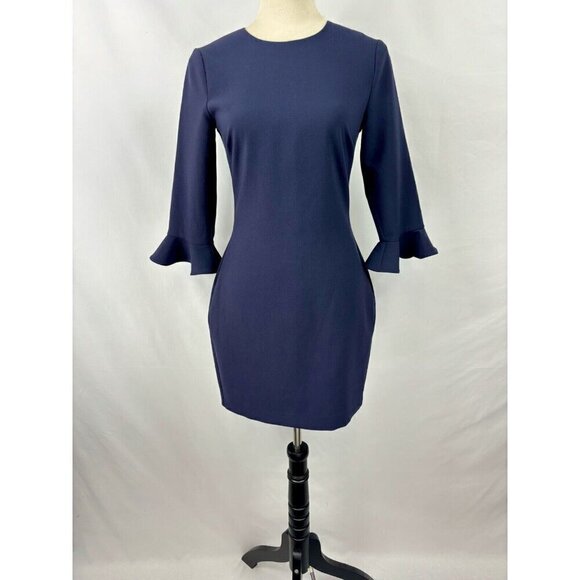 Likely Sheath Dress Navy Blue 4 Bell Sleeves Knee Length 3/4 Length Sleeve - Picture 10 of 10